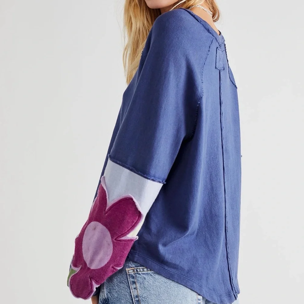 Free People Petunia Tee -  Floral Appliqué Sleeves - M - NWT - Picture 3 of 9